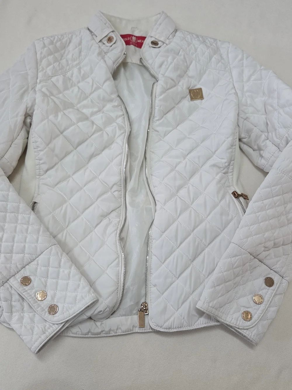 White Quilted Bomber Jacket with Gold-Tone Details - Picture 1 of 4